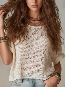 Women's Hollow Out Knit Sweater, Casual Summer Beachwear, Lightweight Short Sleeve Pullover, Versatile Fashion Top for Outdoor Activities, Knitwear, Womenswear