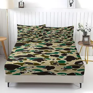 A Bathing Ape Style Camo Fitted Sheet Set (3 Piece, Includes 1 Fitted Sheet + 2 Pillowcases), Green Camo Star Bed Set for Hypebeast Teens & Adults, Bedroom Decor
