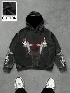 Gothic Darkwear Pullover Hoodie - Retro Distressed Washed Cotton Oversized Sweatshirt with Long Sleeve Prints | Heavyweight Comfortable Alt Fashion Outerwear for Party Night & Cozy Daily Wear