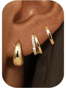 3 Pairs Small 14K Gold Plated Hoop Earrings for Women Trendy Hypoallergenic Cartilage Hoop Earring Stacks Silver Plated Huggie Hoops Earring Sets for Multiple Piercing Chunky Double Jewelry