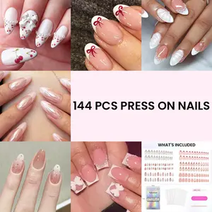 6 Packs (144 Pcs) | Reusable Press on Nails | Stick on Nails 12 Sizes-6 Styles | White theme bow
