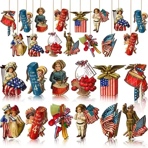 24 Pcs 250th Anniversary 4th of July Ornaments Vintage Patriotic Tree Ornaments Wooden Memorial Day Decorations Red White Blue Hanging Pendant for Small Tree Party Decor(Vintage)