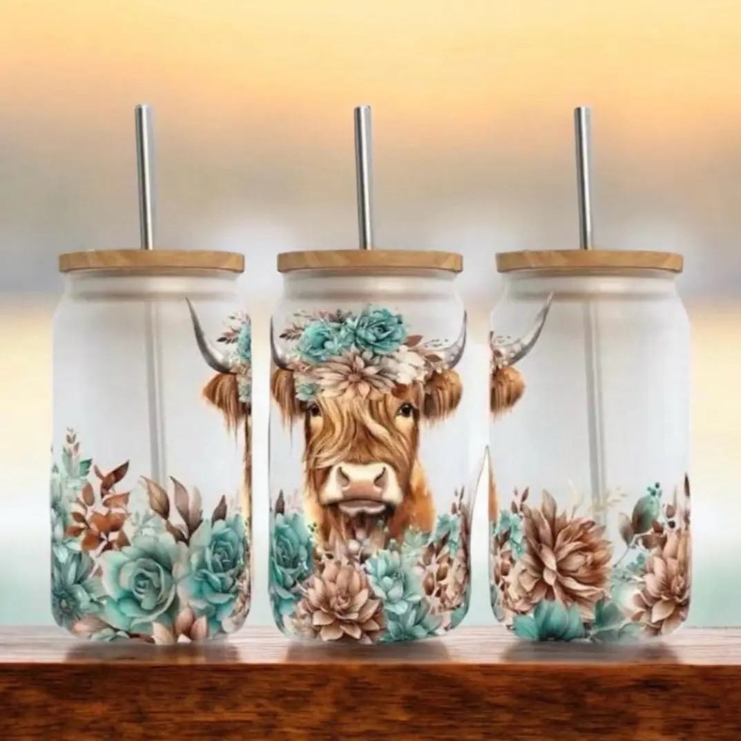 Highland Cow and Flowers Drinkware Frosted Beer Can Glass Cups 16oz