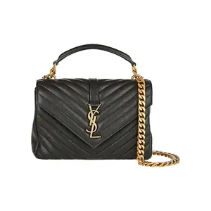Pre-owned Yves Saint Laurent Quilted Leather Crossbody Bags SAINT LAURENT YSL College Medium Chain Crossbody Shoulder Top Handle Bag Black Gold Tone Logo for Women