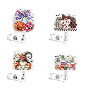 4 Counts Halloween Theme Retractable Badge Reel - Acrylic Id Holder With Clip For Nurses, Doctors, Students & Office Staff
