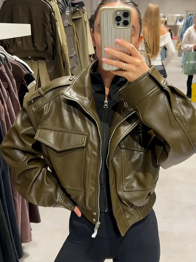 Women's Cropped Bomber Jacket Demi-Season Faux Leather Jacket Long Sleeve Green Black Jacket Women's Moto Biker Zipper Jacket Street Short Coat Aviator Jackets