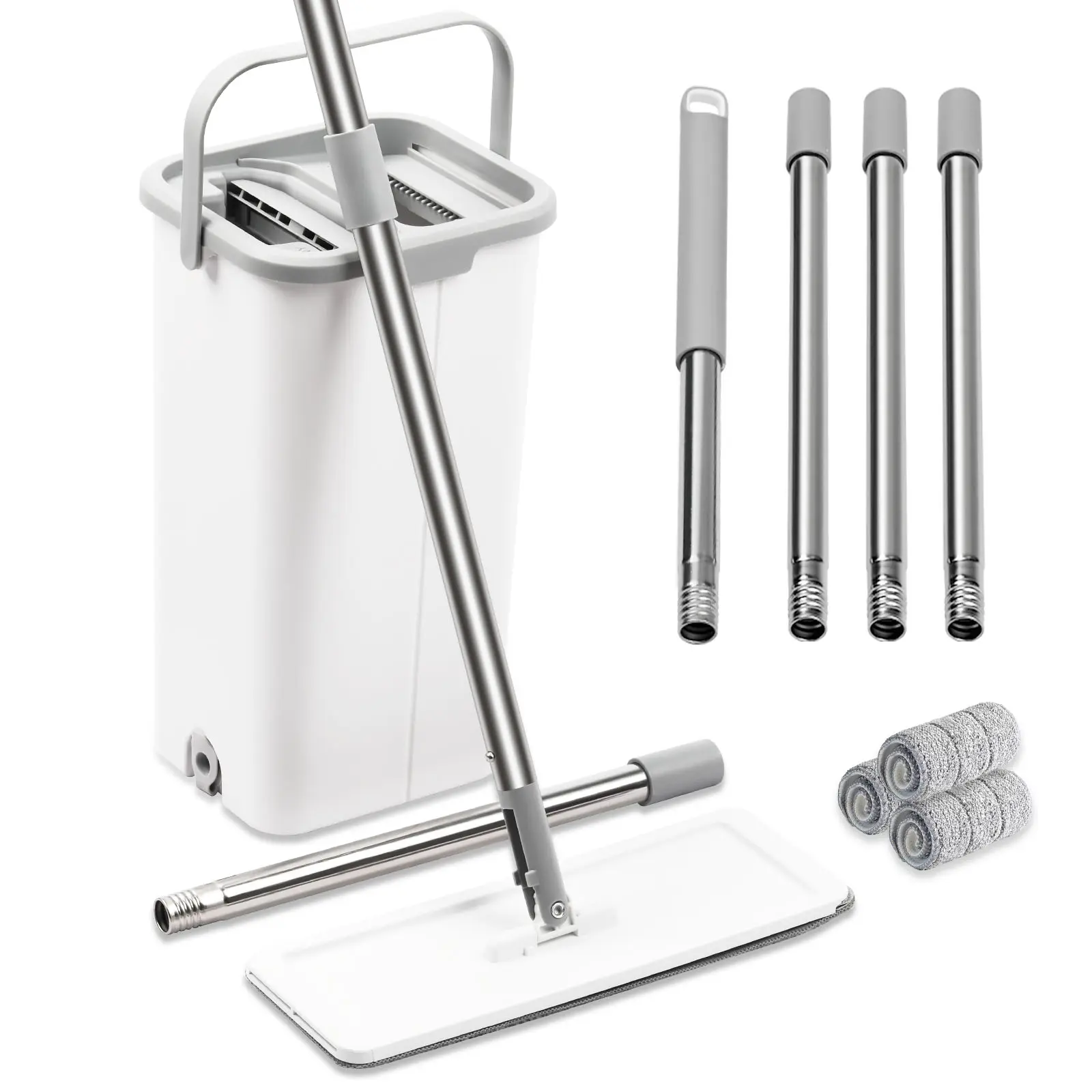 Flat Spin Mop and Bucket Systemt,Squeeze Mop Buket Set with 3 Reusable Microfiber Pads and Long Handle for Wet and Dry Use Home Floor Cleaning