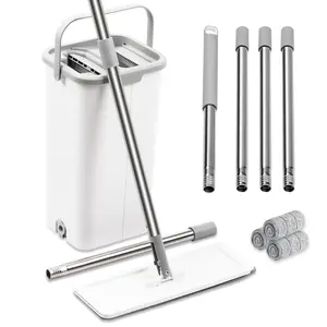 Flat Spin Mop and Bucket Systemt,Squeeze Mop Buket Set with 3 Reusable Microfiber Pads and Long Handle for Wet and Dry Use Home Floor Cleaning