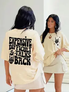 FEEGO Shirts Women Women's " Expensive Difficult and Talks Back" Slogan Print Skeleton Hand Graphic Round Neck Tee, Back To School Outfits, Casual Half Sleeve Crew Neck T-shirt for Daily Wear, Ladies Clothes for All Seasons, Fall Clothes t shirt rule