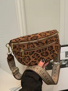 Retro style cool and stylish leopard print crossbody bag with multiple zippered pockets, adjustable shoulder straps, casual and versatile waist bag, suitable for daily shopping, dating, and gatherings.