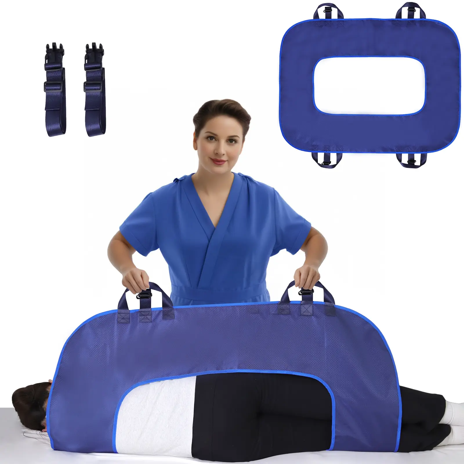 Sturdy Center Cutout Patient Transfer Positioning Sheet - Comfortable Adjustable Fix Straps, Durable Reinforced Heavy-Duty Turning Assist Pad, Secure Waterproof Oxford Mobility Aid for Bedridden Elderly Home & Hospital Care