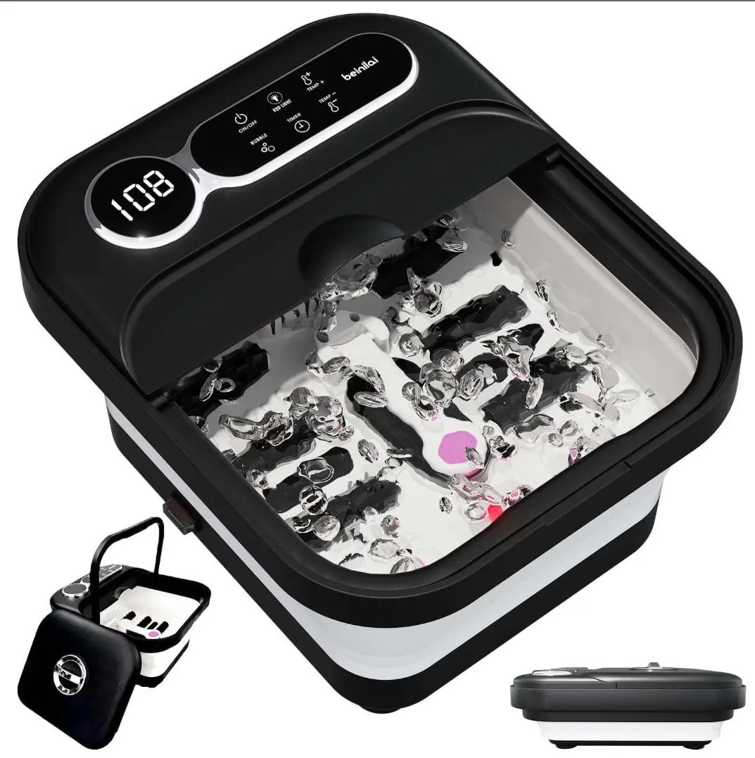 Foldable Self-Heating Foot Spa Massager with Temperature Control, Massage Rollers, Bubbles & Removable Footrest – Perfect Mother's Day Gift, Space-Saving Bathroom Self-Care Gadget