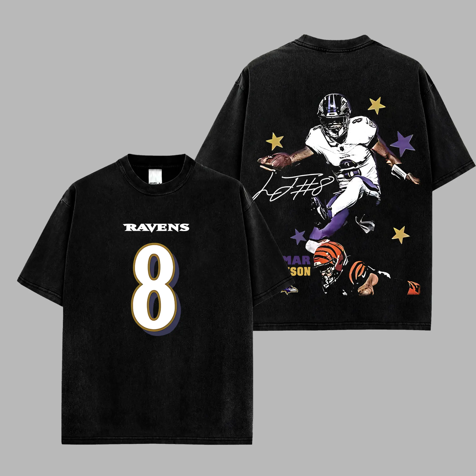 [RedZoneStyle] Lamar Jackson 8 Game Day Retro Unisex 100% Heavyweight Cotton T-Shirt – Action Jackson Lamarvelous Fans Shirt, Ravens Flock Football Shirt, Game Day Outfits, Gift For Football Fans