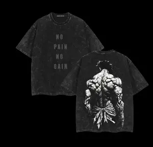 Gym Shirt Baki Pump Cover Anime Double Printed Vintage Washed Tee Unisex Oversize Anime Manga Washed Heavyweight Cotton T-shirt, Anime Gymwear for Otaku & Fighters