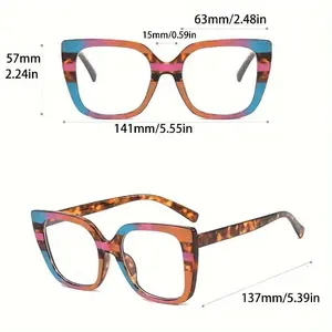 Large Square Non-Prescription Glasses Color Block Full-Rim Eyewear for Daily Wear Formal Events Chain Embellished Leopard Print Stylish Decorative Design
