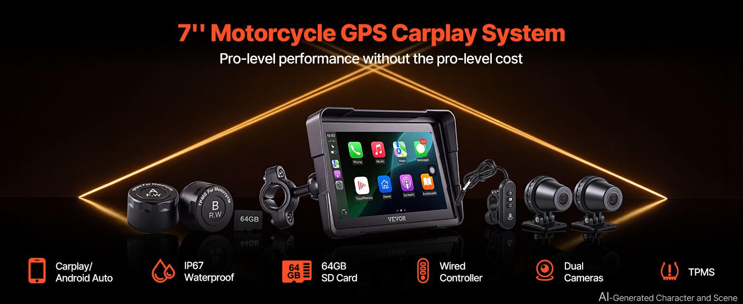 VEVOR 7 Inch Wireless Motorcycle Carplay with Apple Carplay & Android Auto, Dual Cameras & Bluetooth, TPMS, Voice Control, 64GB Card - Fits All Motorcycles