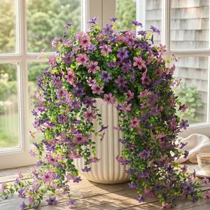 Chessie 2PCS Artificial Hanging Flowers for Outdoor Decor, UV Resistant Faux Silk Purple Clematis Plant, Summer Hanging Basket Decor for Porch Patio Balcony