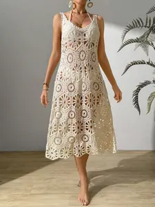 Boho Bohemian Long Sleeveless Loose Dress, Hollow Knitted Embroidery, Spring Summer Autumn Pure Color Beach Vacation Casual for Women