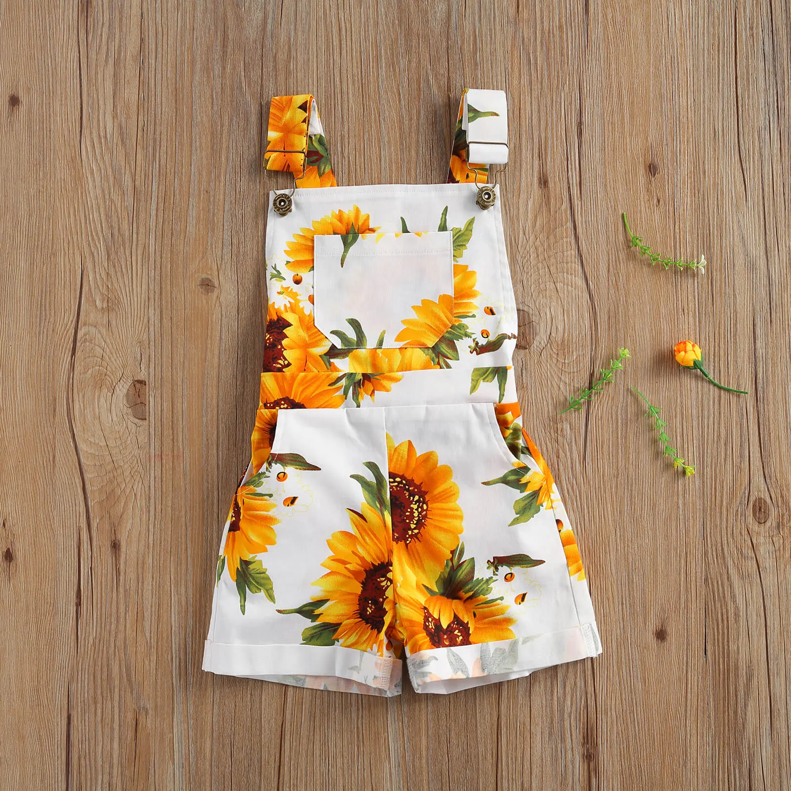 [Lullaby] Girl´s Pants, Baby Girl´s Sunflower Print Suspender Shorts with Pockets Birthday Party Outfits