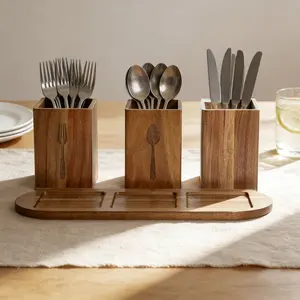 [HOMEGLOBE]2026 new rustic-style brown wooden cutlery storage box, designed to organize spoons, forks, knives, plates, and napkins on your kitchen countertop. The cutlery storage box measures 13* 4.5*4.7inch