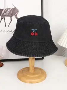 Cherry Embroidered Denim Bucket Hat, Casual Wide Brim Sun Protection Hat for Women & Men, Fashion Accessories for Daily Wear, Lightweight Sun Hat, Casual Outdoor Hat
