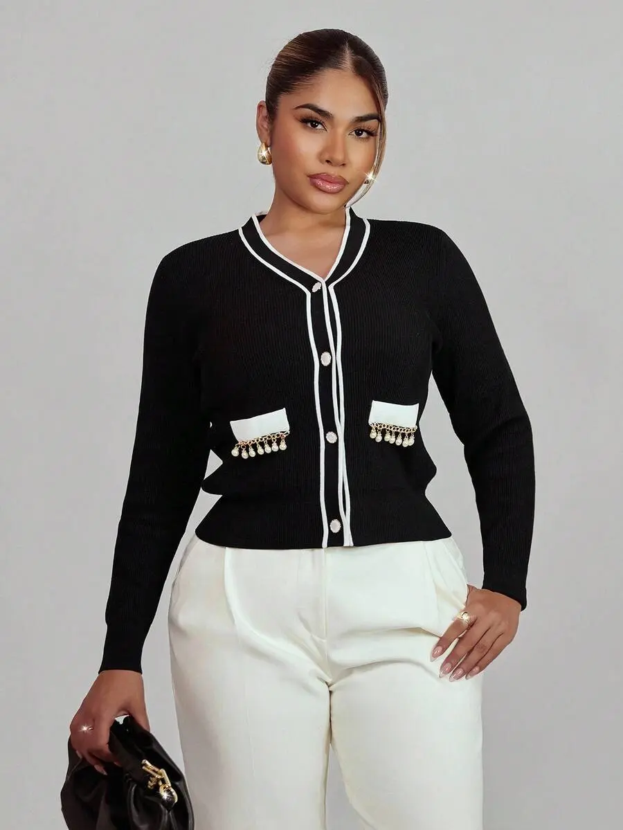 Women's Elegant V-Neck Front Button Pearl Chain Decor Thin Cardigan Fall Winter Cloth For Women - Back to School Outfits, Fall Outfits
