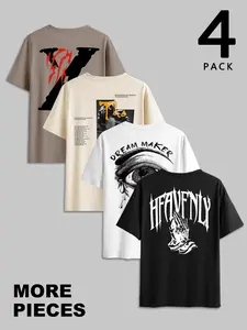 Men's Summer Fashion Series Pattern Print Round Neck Casual Short Sleeve Set, Retro Vintage Rock Style, Dark Gothic, Streetwear Trend, Menswear