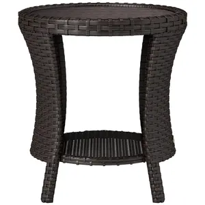 Hourglass shaped PE rattan outdoor coffee table two tier storage composite wood top for backyard leisure placement
