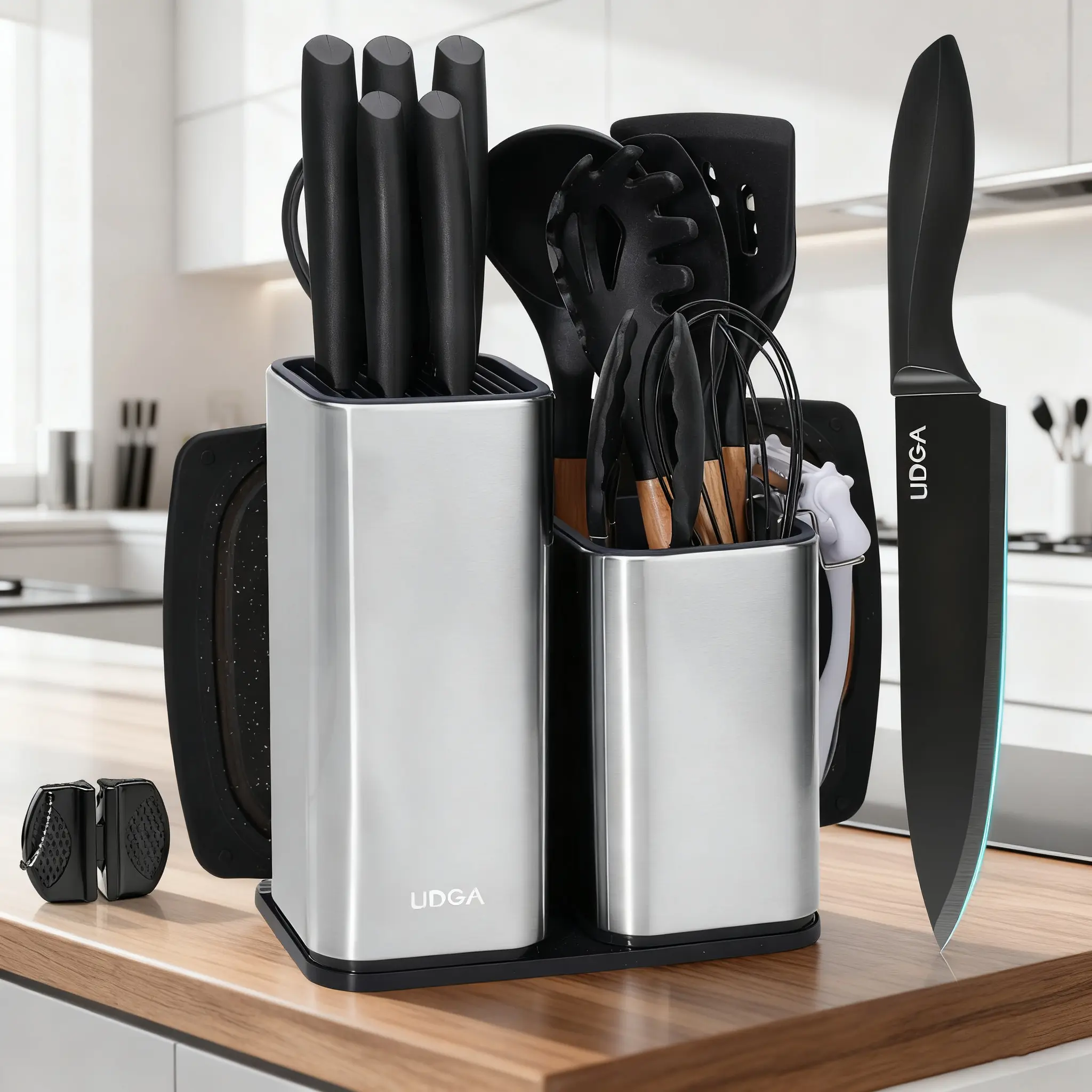 Professional kitchen knife set, 18 cutter sets, built-in sharpener, handsome black kitchen cutter set, dishwasher safe, suitable for restaurants, kitchens, apartments, holiday gifts.