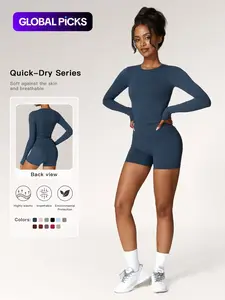 Women's Solid Round Neck Sports Tee & High Waist Shorts Tracksuit Set, Long Sleeve Tight-fitting Top & Skinny Shorts, Summer Outfits 2024, Ladies Sportswear for Indoor Outdoor Wear, Workout Running Clothes