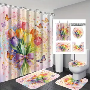 4pcs Romantic Spring Watercolor Tulip Floral Shower Curtain Set, Includes Non-Slip Mat, Toilet Lid Cover, Bath Mat, with 12 Hooks Bathroom Decor, Bathroom Supplies
