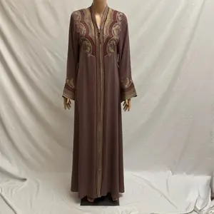 Mauve Pink Zippered Embroidered Rhinestoned Abaya with Belt - Elegant Design for Stylish Wear