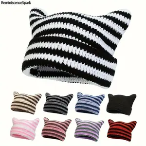 Unisex Little Devil Cat Ear Handmade Crochet Beanie – Machine Washable Cool Versatile Design, Perfect for Outdoor Street Hip-hop Casual Style