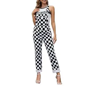 Checkered Overalls Stretch Coveralls Jean Jumpsuit Cute Denim Bibs for Mens and Womens