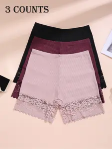 Women's High-Waisted Ribbed Fitted Underwear Set, Lace Trim Fashion Design, Lightweight Breathable Comfort, Ideal for Daily Wear & Sports