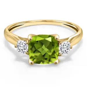 Gem Stone King 10K Yellow Gold Green Peridot and White Moissanite Engagement Ring For Women | 1.96 Cttw | Cushion 7MM | Gemstone August Birthstone