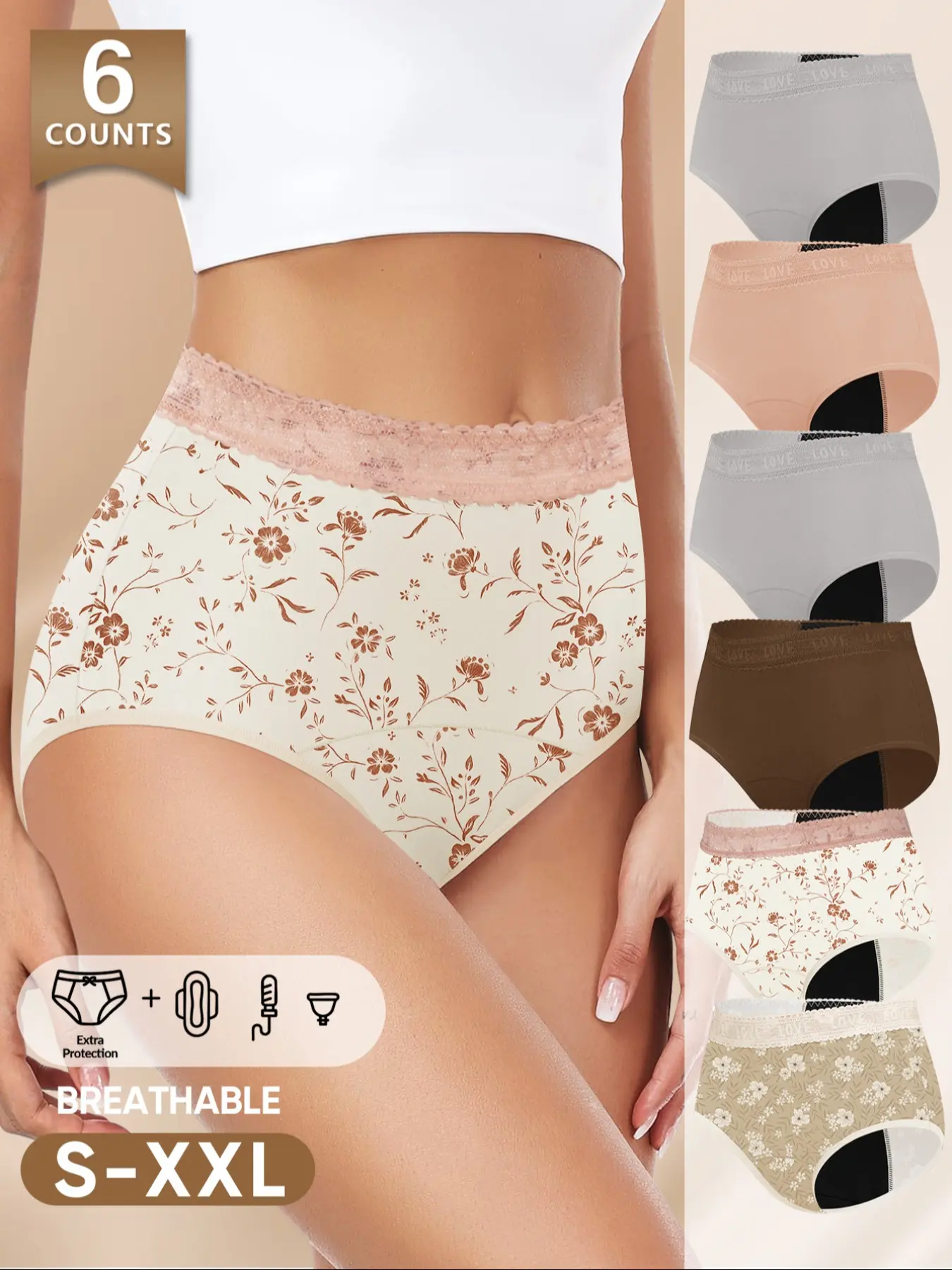 6-Pack Morelect Breathable High-Waist Women's Period Underwear, Leak-Proof Design, Multi-Colors, Floral Patterns, Sizes S-Xxl, Panties