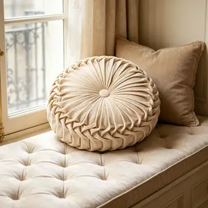1pc Vintage Pleated Round Pillow (Insert Included), Breathable Skin-Friendly Cushion, Soft Padded Cushion, Dust Resistant Sofa Decorative Pillow, Fits Living Room & Bedroom, Machine & Hand Washable