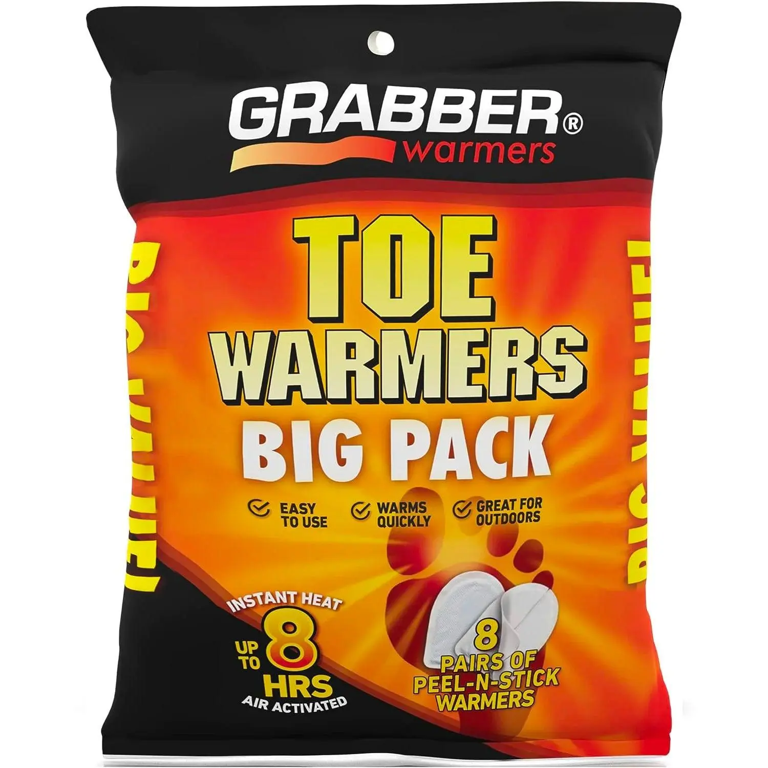 Grabber Toe Warmers - Long Lasting Safe Natural Odorless Air Activated Warmers - Up to 8 Hours of Heat - 8 Pair Pack Hand Warm
