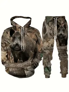 Plus Size Men's 3D Wolf Print Hooded Sweatshirt & Sweatpants Set For Autumn/winter, Men's Clothing