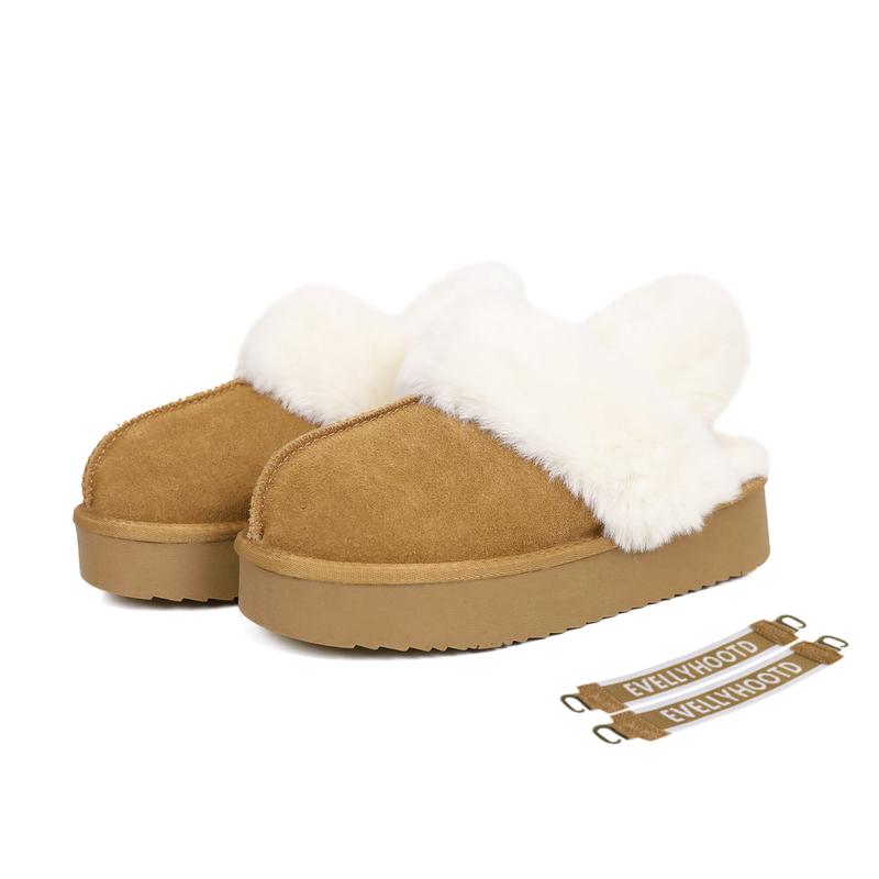 EVELLYHOOTD Women's Chestnut Genuine Leather Platform Slippers with White Fur Lining Non-Slip Casual Winter House Shoes for Everyday Use