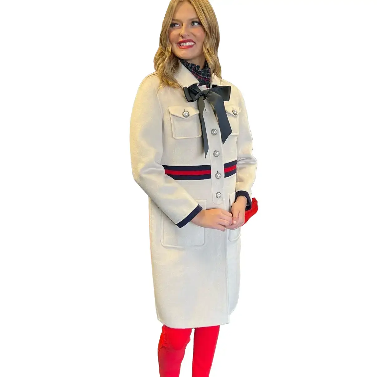 Women's Off White Duchesse Wool Coat - 100% Wool Fabric - Jacket Womenswear Elegant Outerwear