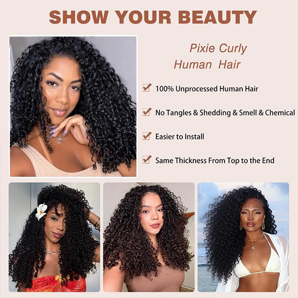 BINF PiXie Curly Human Hair Bundles 100% Unprocessed Brazilian Virgin Human Hair Bundles 1/3/4 Bundles PiXie Curly Weave Hair Extension for Women Natural Black Color