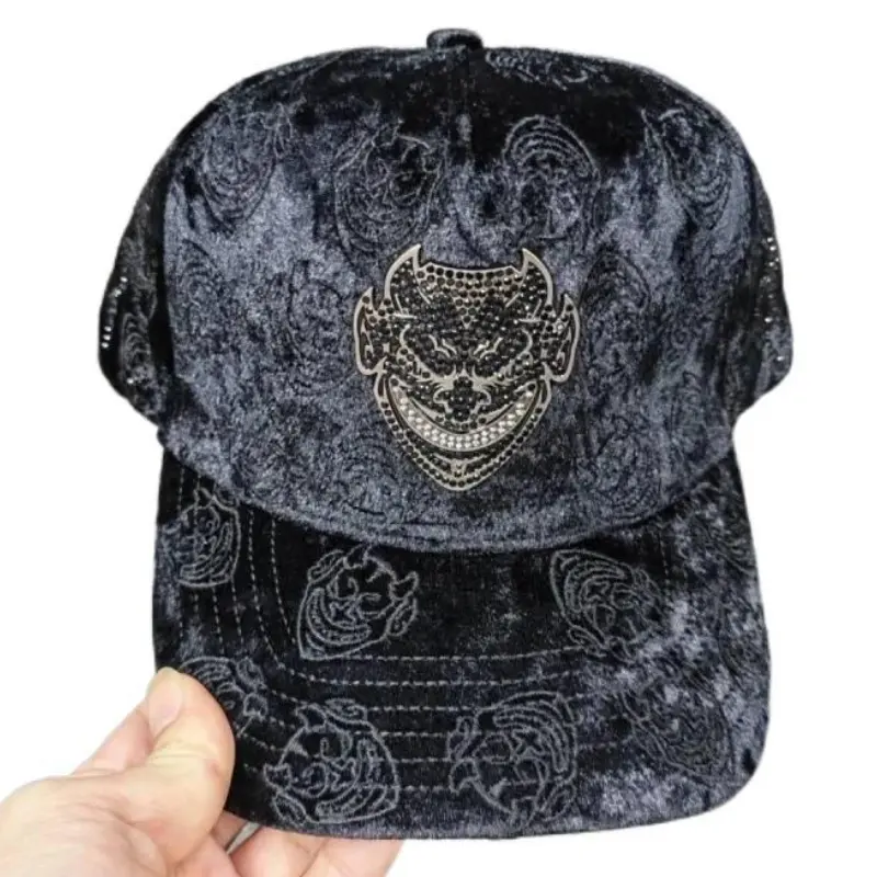 Joker Diablo Strass Black Adjustable Cap - Soft Cotton Casual Snapback with Rhinestone Accents, Unisex Halloween Cosplay Party Streetwear