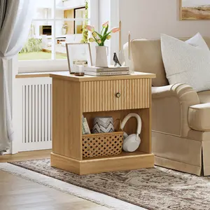 Mid Century Modern Fluted Bedside Cabinet with Drawer - Space-Saving Bedside Table - Large Storage - For Bedroom or Living Room