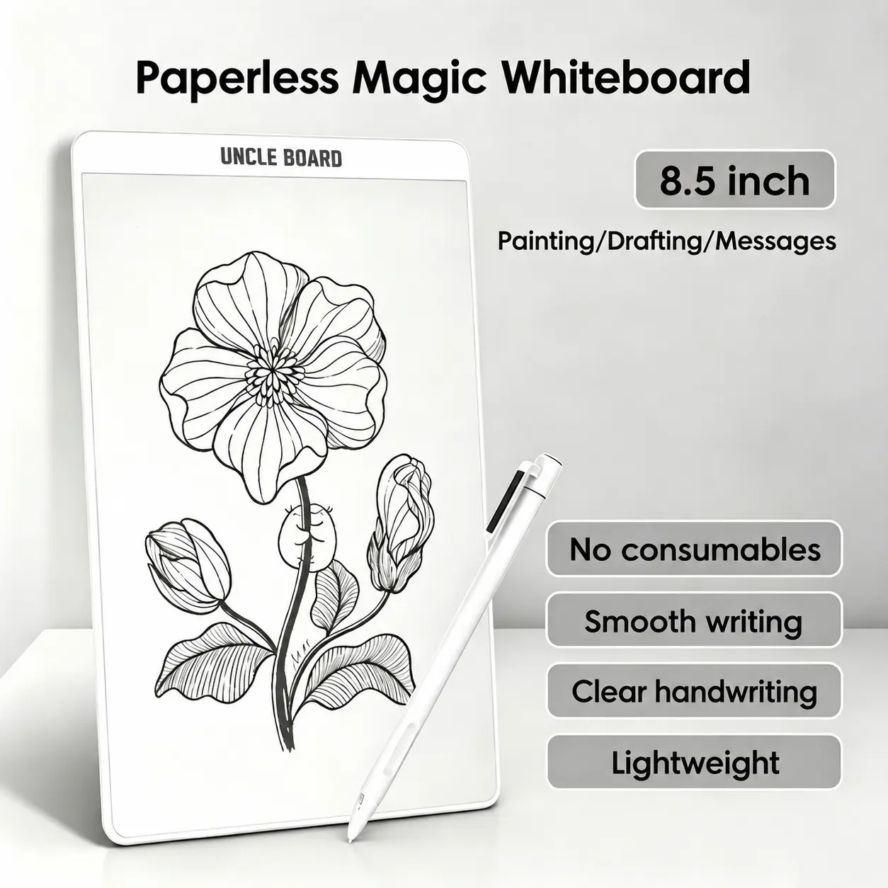 8.5-Inch Reusable Inkless Magnetic Writing Tablet for 6-12 Years, Battery-Free Erasable Drawing Board with Stylus, No-Consumables Paperless Note Board, Portable Educational Toy for Home & Office Gifting