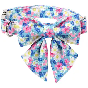 Lionet Paws Floral Dog Collar with Sailor Bow, Adjustable Spring Wildflowers Metal Buckle Dog Accessory for Small, Medium & Large Dogs