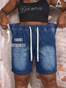 Women's Plus Size Fashion Pocket Design Jeans, Elastic Waist Loose Drawstring Short Pants, Comfortable Breathable Denim Shorts, All Seasons Casual Wear