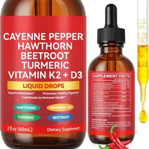 Organic Cayenne Pepper Liquid Drops with Hawthorn Berry, Beetroot & Turmeric – Immune & Circulation Support, Vitamin K2 D3 Supplement for Vascular Health, Gluten Free, 2 Fl Oz