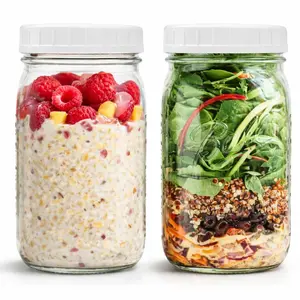 Overnight Oats Jars with Plastic Lids, Wide Mouth Mason Jar 32 Oz, Ideal for Meal Prep, Canning, Fermenting and DIY Projects, Microwave & Dishwasher Safe.
